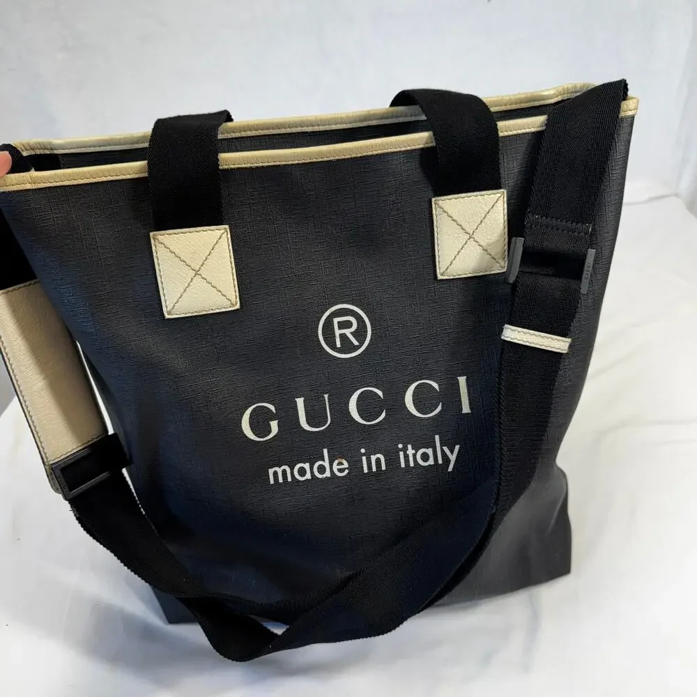Authentic Gucci Canvas Tote Shoulder Bag Blue Gray Made in Italy Large F597